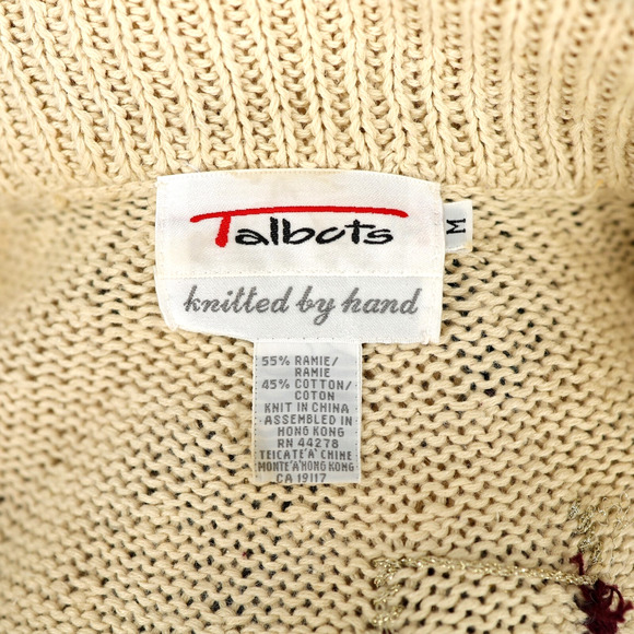 Talbots Sweater Womens Medium Ivory Burgundy Holiday Cardigan Hand Knit Vintage - Picture 3 of 14